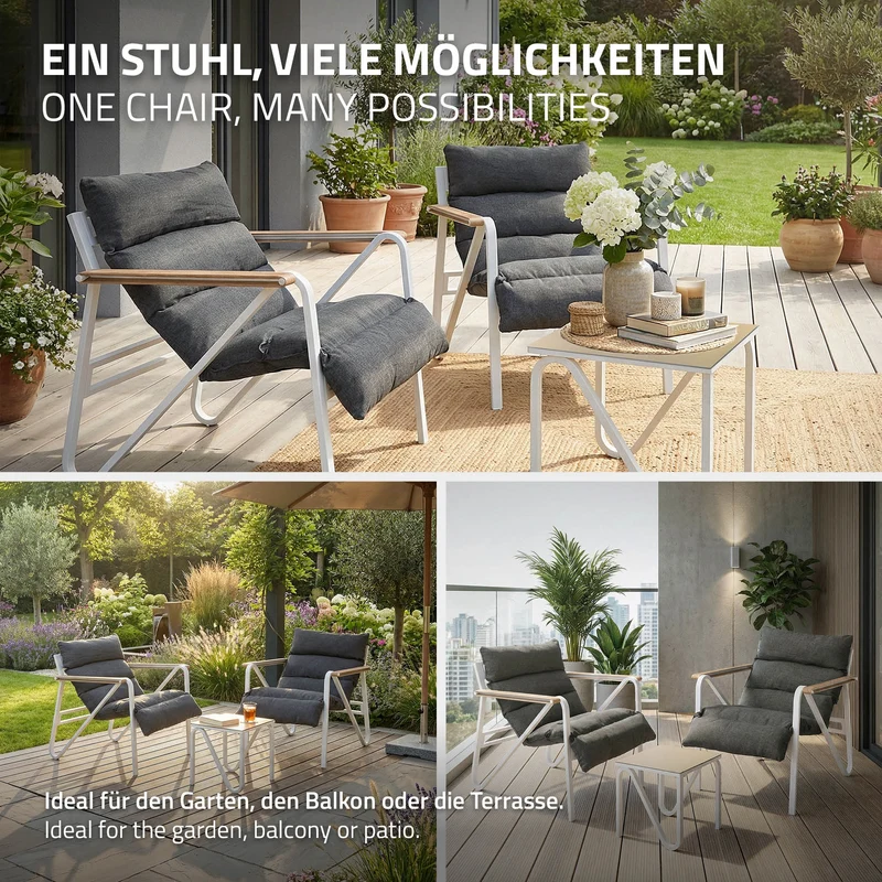 Gartenmöbel Set 3 tlg Sitzgruppe mit 2 Stühlen, Tisch & Sitzkissen Stahlgestell wetterfest ML-Design