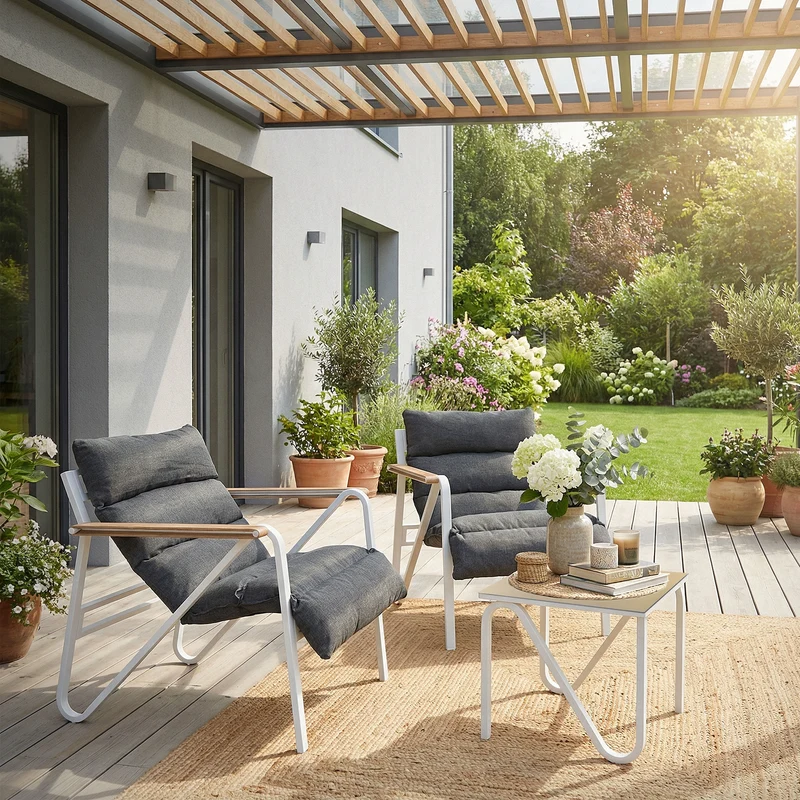 Gartenmöbel Set 3 tlg Sitzgruppe mit 2 Stühlen, Tisch & Sitzkissen Stahlgestell wetterfest ML-Design