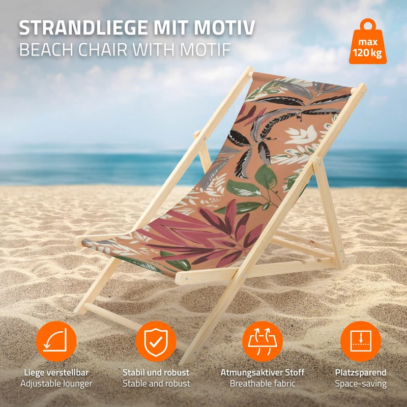 ECD Germany | Gartenliege klappbar aus Holz mit Floral Muster Strandliege Strandstuhl Sonnenliege