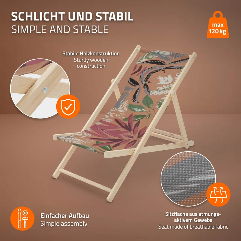ECD Germany | Gartenliege klappbar aus Holz mit Floral Muster Strandliege Strandstuhl Sonnenliege