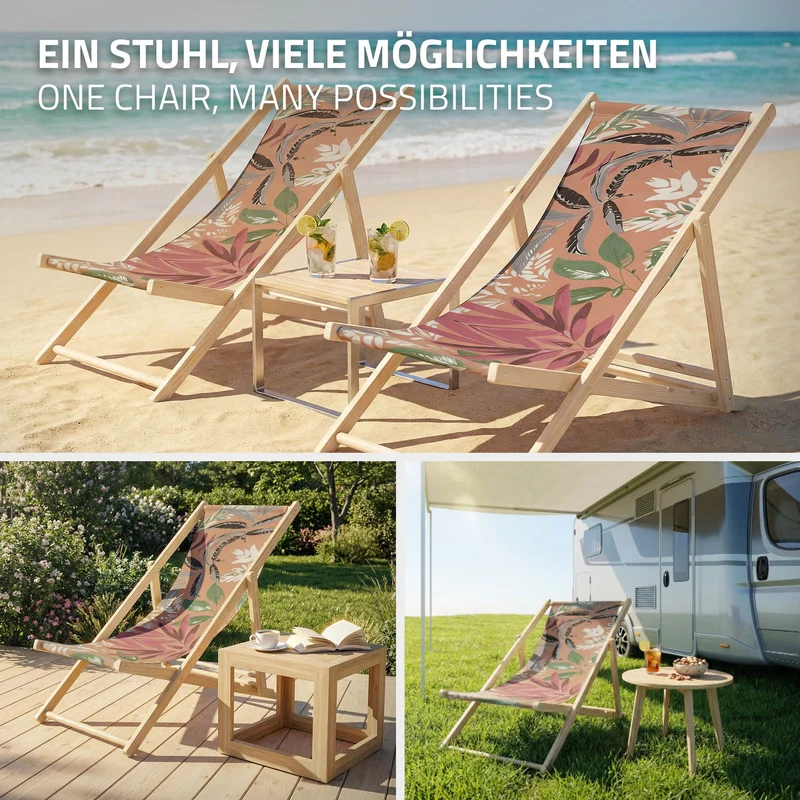 ECD Germany | Gartenliege klappbar aus Holz mit Floral Muster Strandliege Strandstuhl Sonnenliege