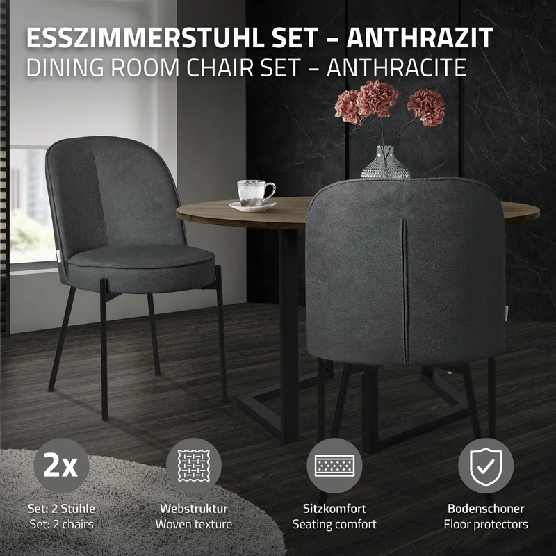 Esszimmerstühle 2er Set Anthrazit mit Rückenlehne, Polsterstühle für Esszimmer & Küche ML-Design