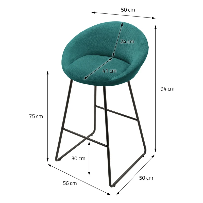 Barhocker 2er Set Petrol 56x94x50 cm mit Rückenlehne und Fußstütze bis 120 kg ML-Design
