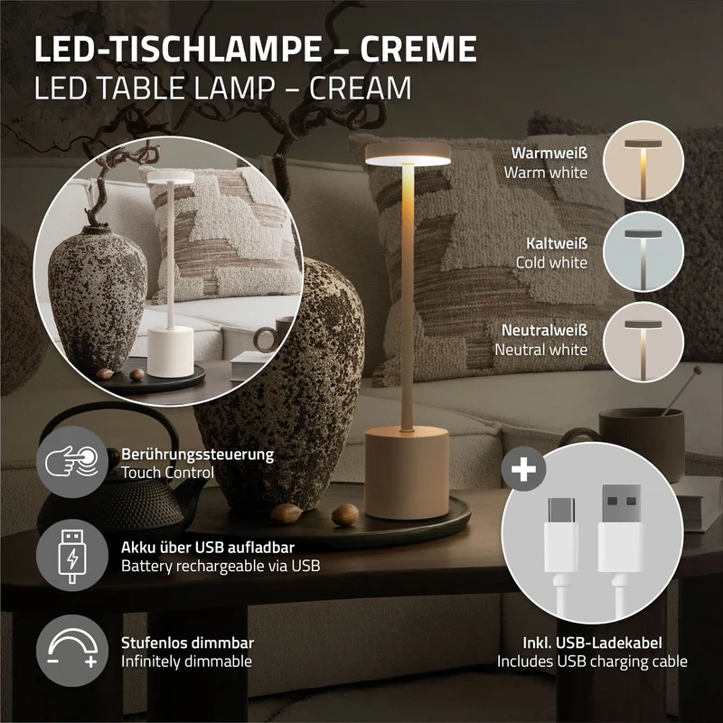 LED Tischlampe kabellos mit Touch, Creme Ø8x34,5cm Akku Tischleuchte USB-C ML-Design