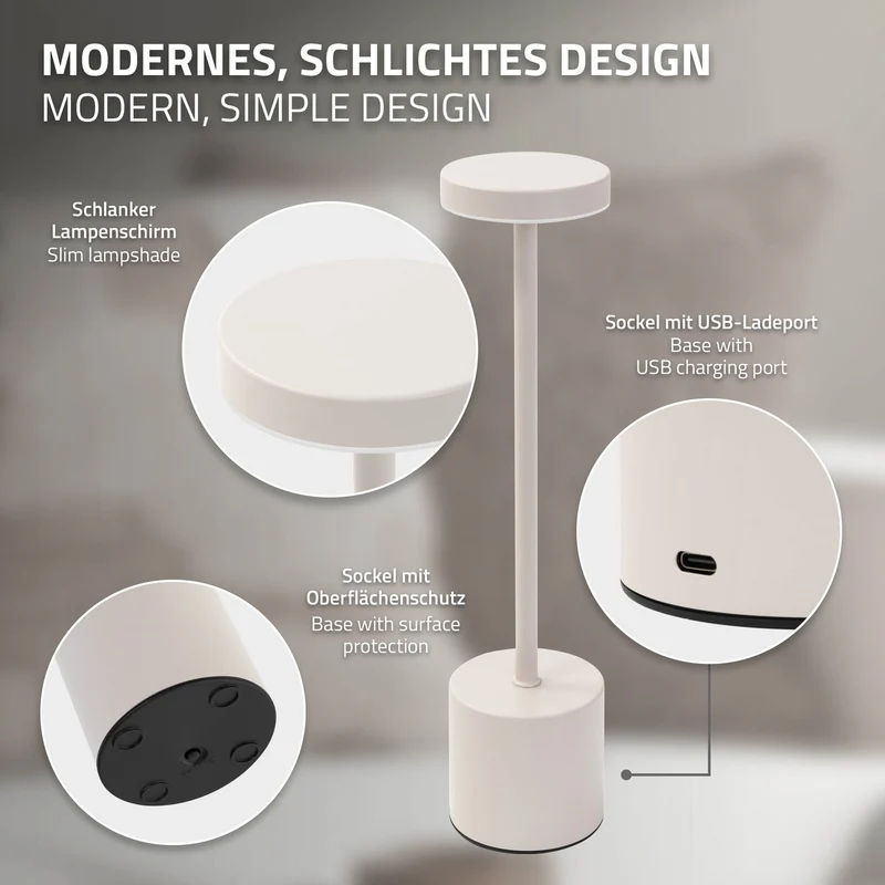 LED Tischlampe kabellos mit Touch, Creme Ø8x34,5cm Akku Tischleuchte USB-C ML-Design