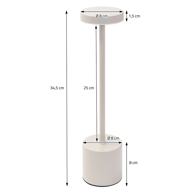 LED Tischlampe kabellos mit Touch, Creme Ø8x34,5cm Akku Tischleuchte USB-C ML-Design