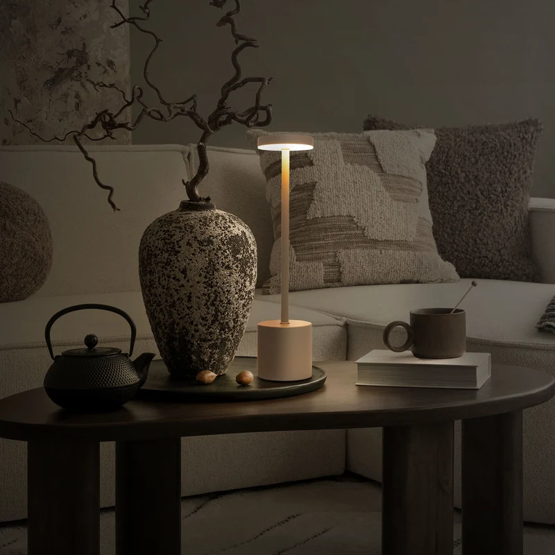 LED Tischlampe kabellos mit Touch, Creme Ø8x34,5cm Akku Tischleuchte USB-C ML-Design