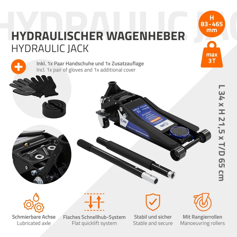 Wagenheber hydraulisch 3T Rangierwagenheber tragbar inkl. zusätzlicher Gummiauflage & 1 Paar Handschuhe