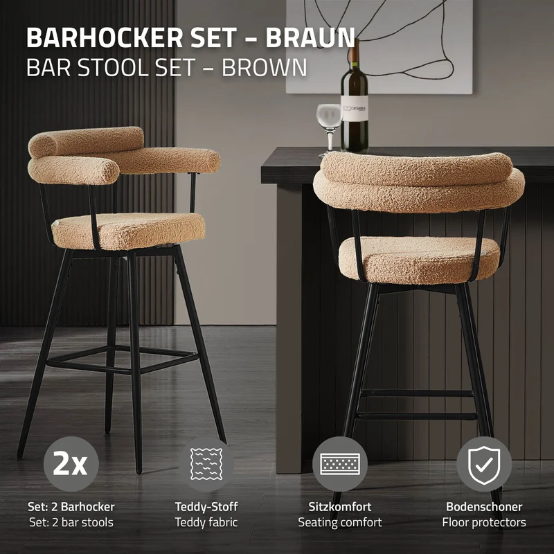 2er Set Barhocker 360° drehbar Braun 61x103x55 cm mit Arm-, Rückenlehne und Fußstütze bis 120 kg ML-Design