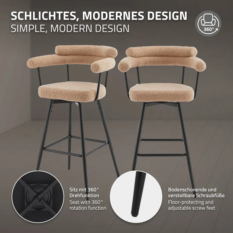 2er Set Barhocker 360° drehbar Braun 61x103x55 cm mit Arm-, Rückenlehne und Fußstütze bis 120 kg ML-Design