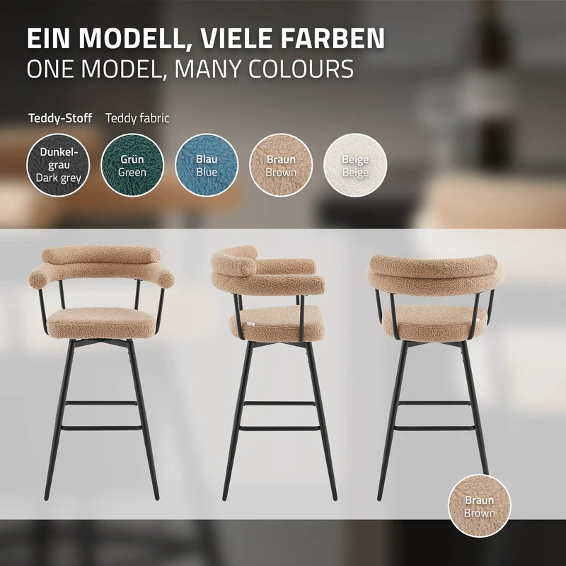 2er Set Barhocker 360° drehbar Braun 61x103x55 cm mit Arm-, Rückenlehne und Fußstütze bis 120 kg ML-Design