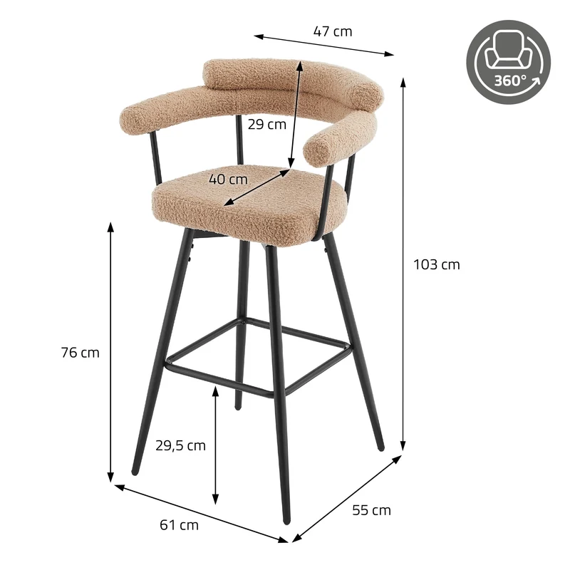 2er Set Barhocker 360° drehbar Braun 61x103x55 cm mit Arm-, Rückenlehne und Fußstütze bis 120 kg ML-Design