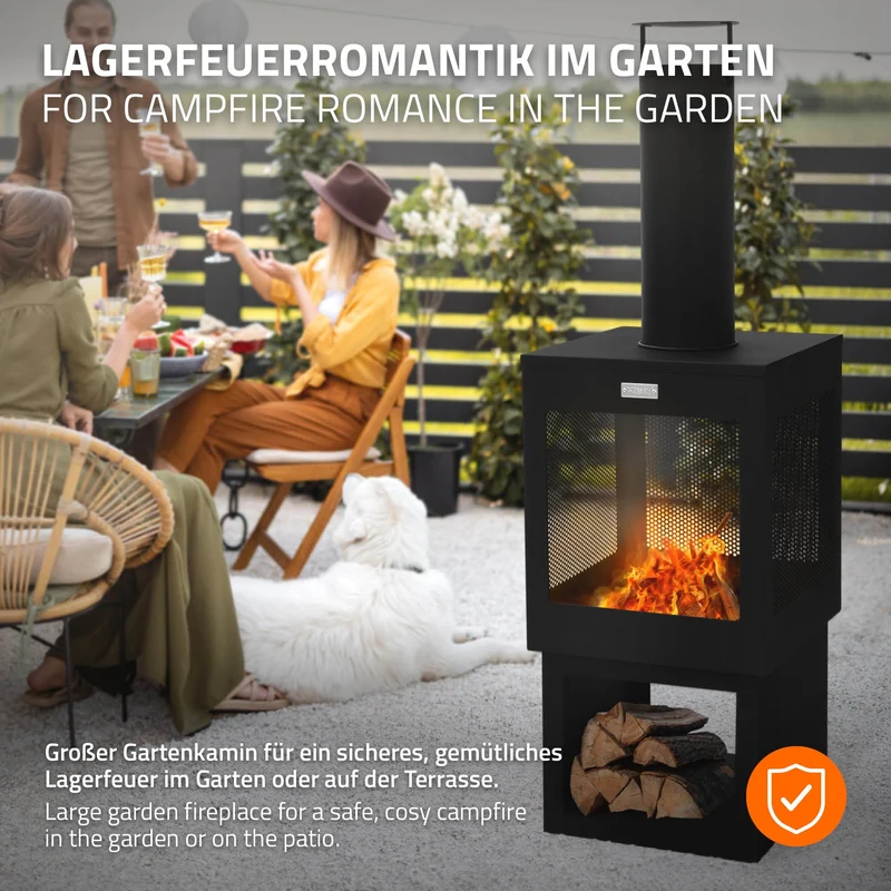 Gartenkamin mit Schornstein 128x40 cm eckig Schwarz Stahl Outdoor Terrassenofen mit Schürhaken abnehmbarem Dach ML-Design