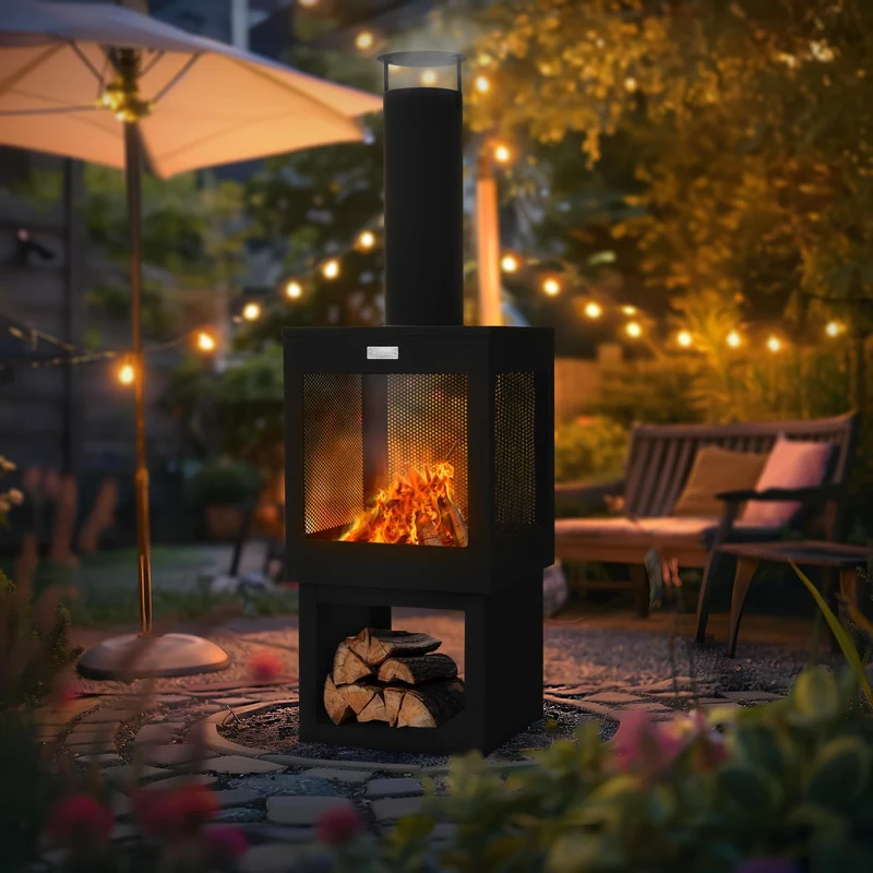 Gartenkamin mit Schornstein 128x40 cm eckig Schwarz Stahl Outdoor Terrassenofen mit Schürhaken abnehmbarem Dach ML-Design