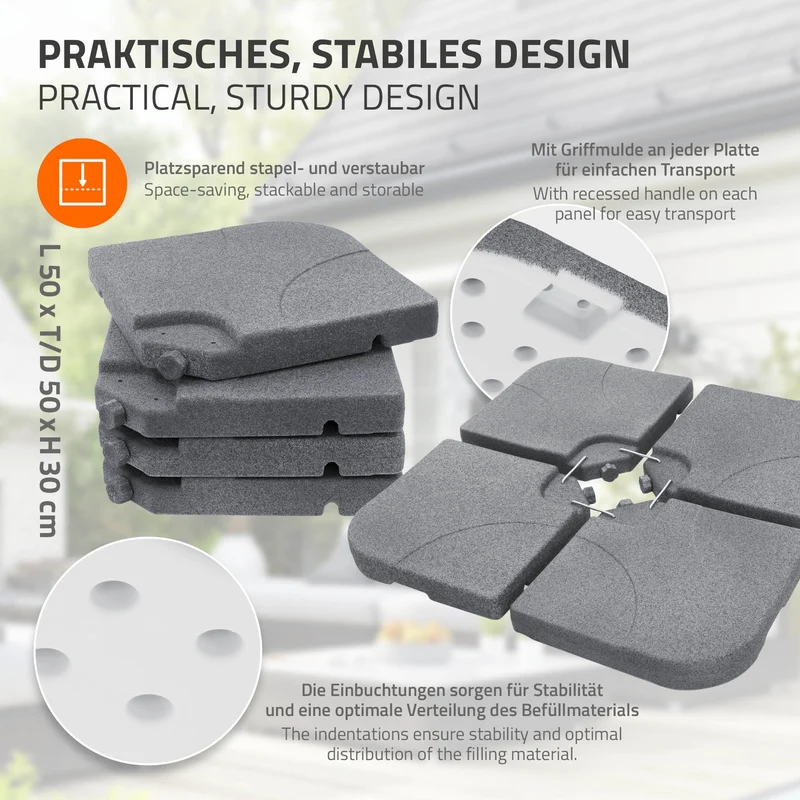 Sonnenschirmständer 4-teilig, Steinoptik Schirmgewicht, Gewichtsplatten für Ampelschirmständer befüllbar mit 60 Liter Wasser/80kg Sand ML-Design