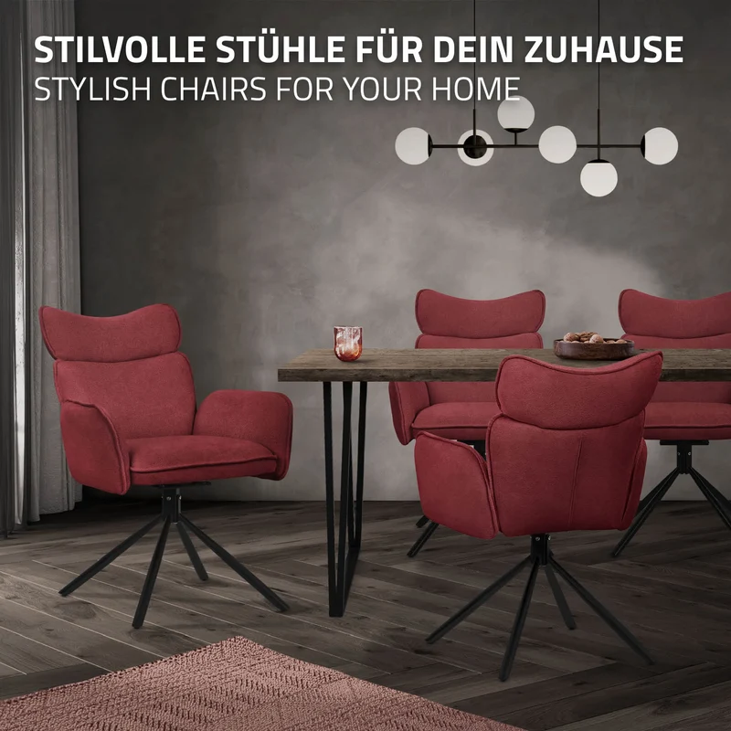 Esszimmerstuhl 2er Set drehbar Rot mit Rücken- und Armlehne bis 120 kg ML-Design