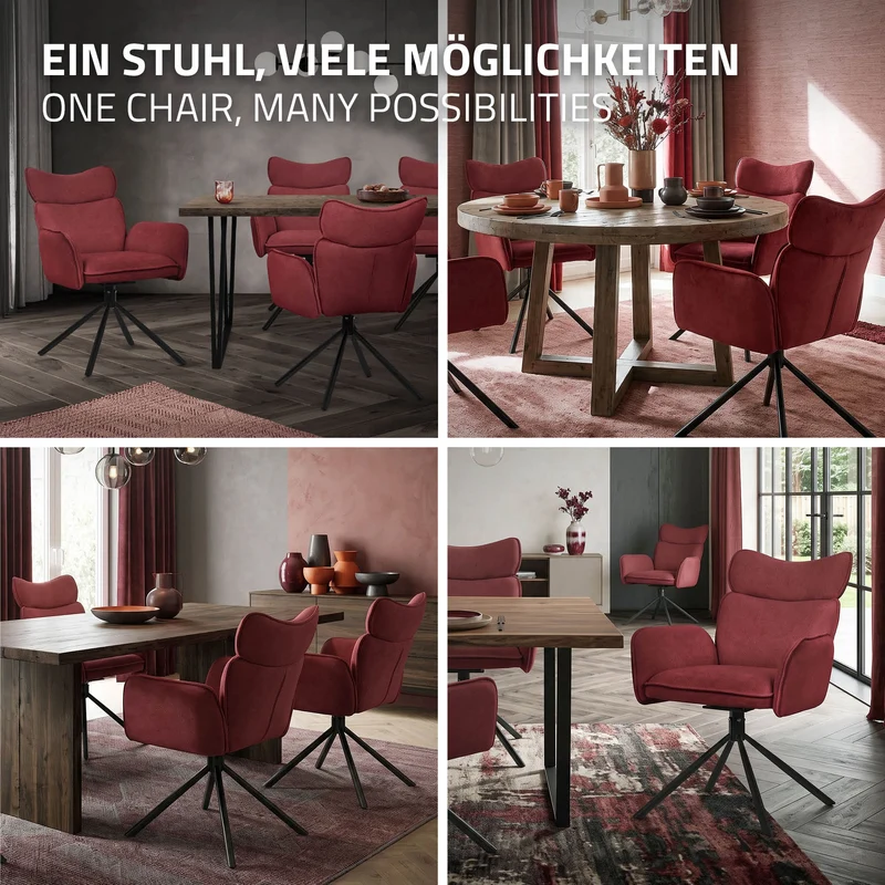 Esszimmerstuhl 2er Set drehbar Rot mit Rücken- und Armlehne bis 120 kg ML-Design
