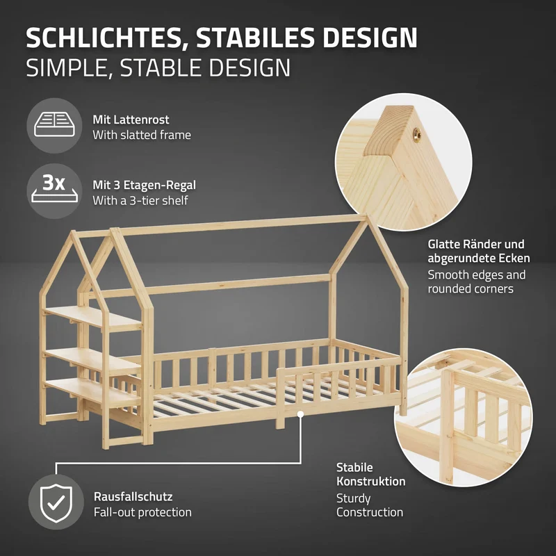 Kinderbett Hausbett 90x200 cm aus Kiefernholz Natur mit Rausfallschutz Regal Dach und Lattenrost Holzbett ML-Design