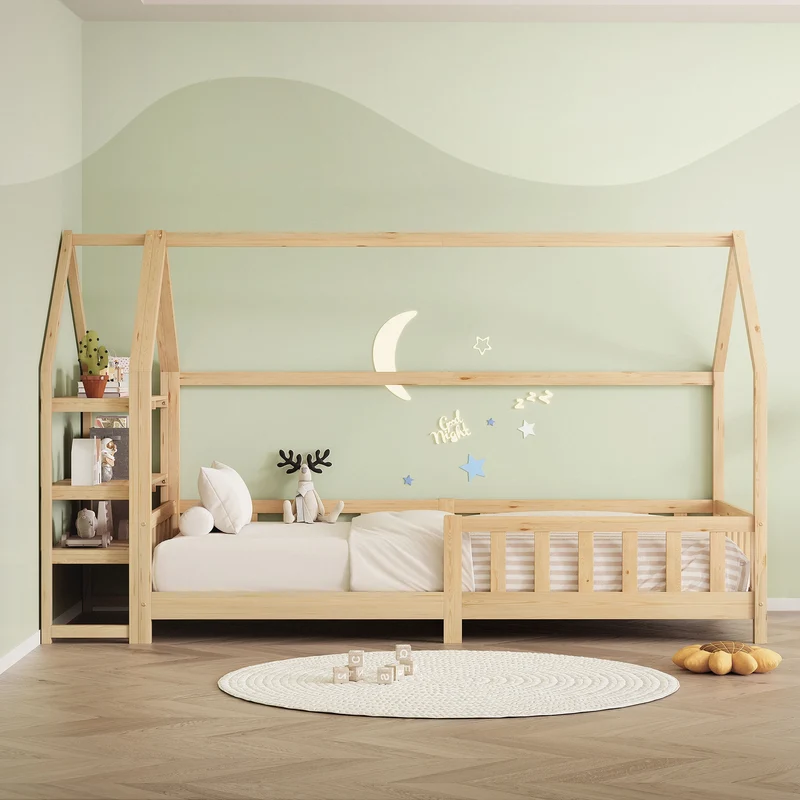 Kinderbett Hausbett 90x200 cm aus Kiefernholz Natur mit Rausfallschutz Regal Dach und Lattenrost Holzbett ML-Design