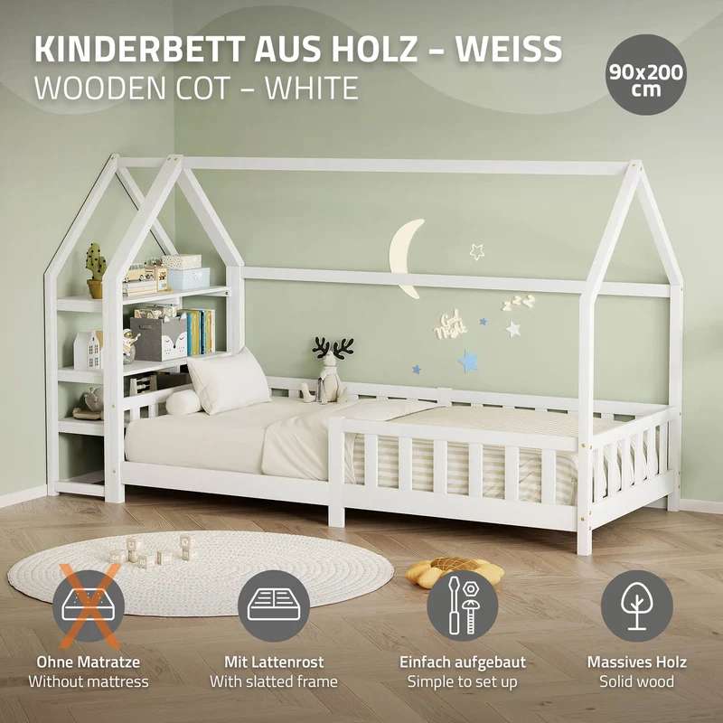 Kinderbett Hausbett 90x200 cm aus Kiefernholz Weiß mit Rausfallschutz Regal Dach und Lattenrost Holzbett ML-Design