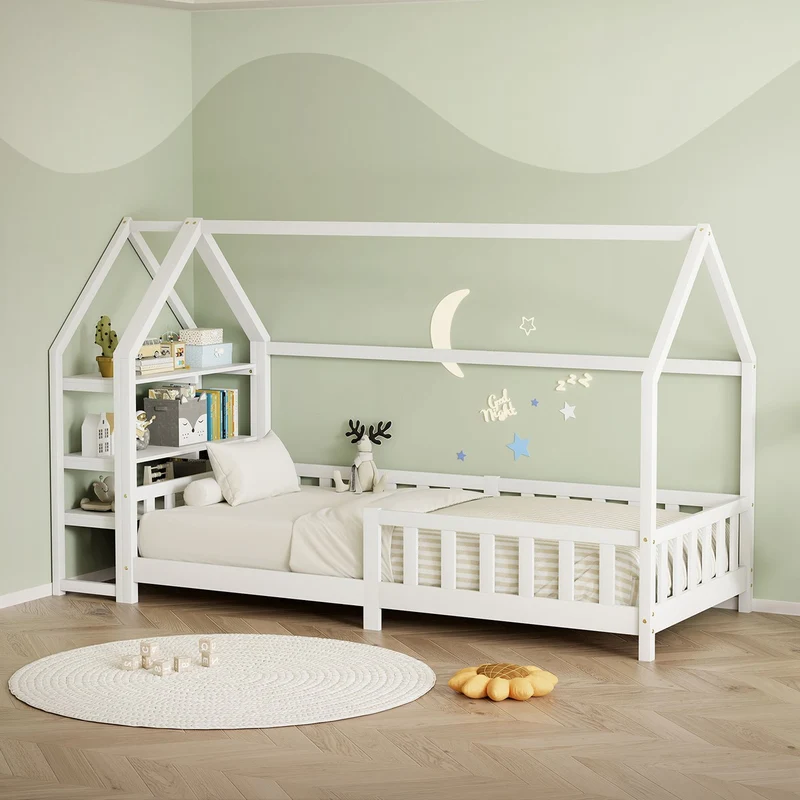 Kinderbett Hausbett 90x200 cm aus Kiefernholz Weiß mit Rausfallschutz Regal Dach und Lattenrost Holzbett ML-Design