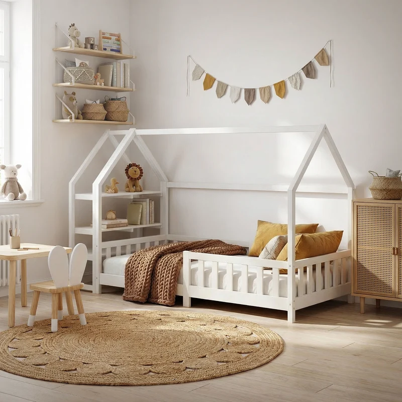 Kinderbett Hausbett 90x200 cm aus Kiefernholz Weiß mit Rausfallschutz Regal Dach und Lattenrost Holzbett ML-Design