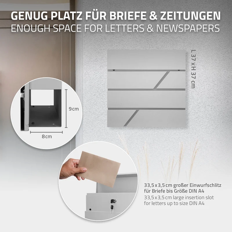 Standbriefkasten mit Zeitungsfach 37x37x11 cm Hellgrau aus Edelstahl inkl. Ständer Silber 120cm hoch ML-Design