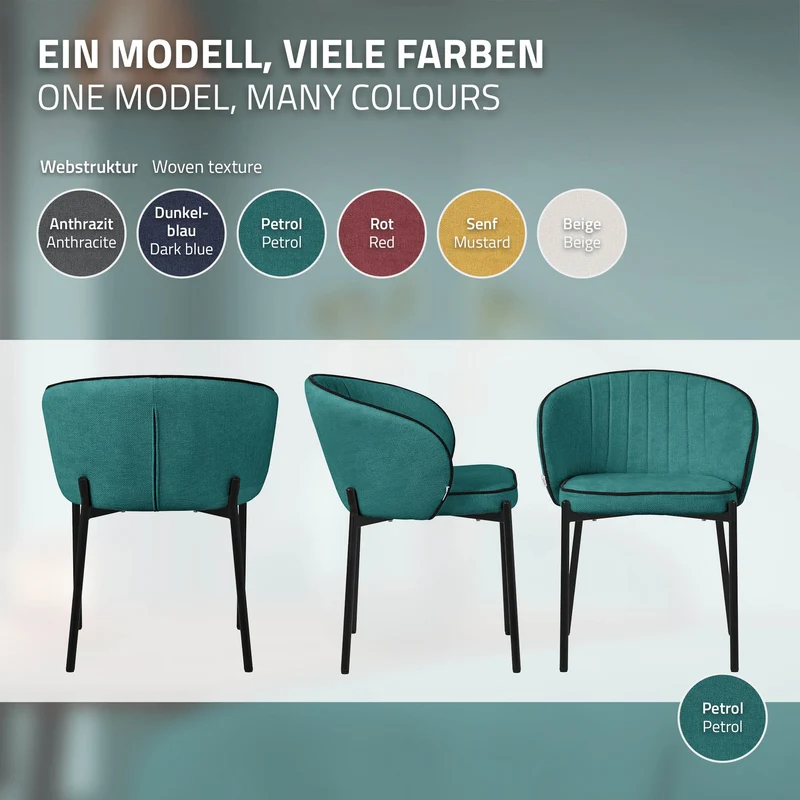 4er Set Esszimmerstühle mit Rücken- & Armlehne Petrol mit Metallbeinen bis 120 kg ML-Design