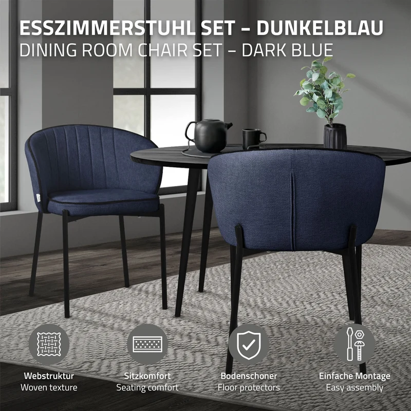 6er Set Esszimmerstühle mit Rücken- & Armlehne Dunkelblau mit Metallbeinen bis 120 kg ML-Design