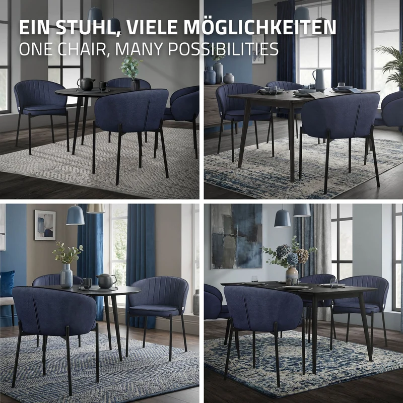2er Set Esszimmerstühle mit Rücken- & Armlehne Dunkelblau mit Metallbeinen bis 120 kg ML-Design