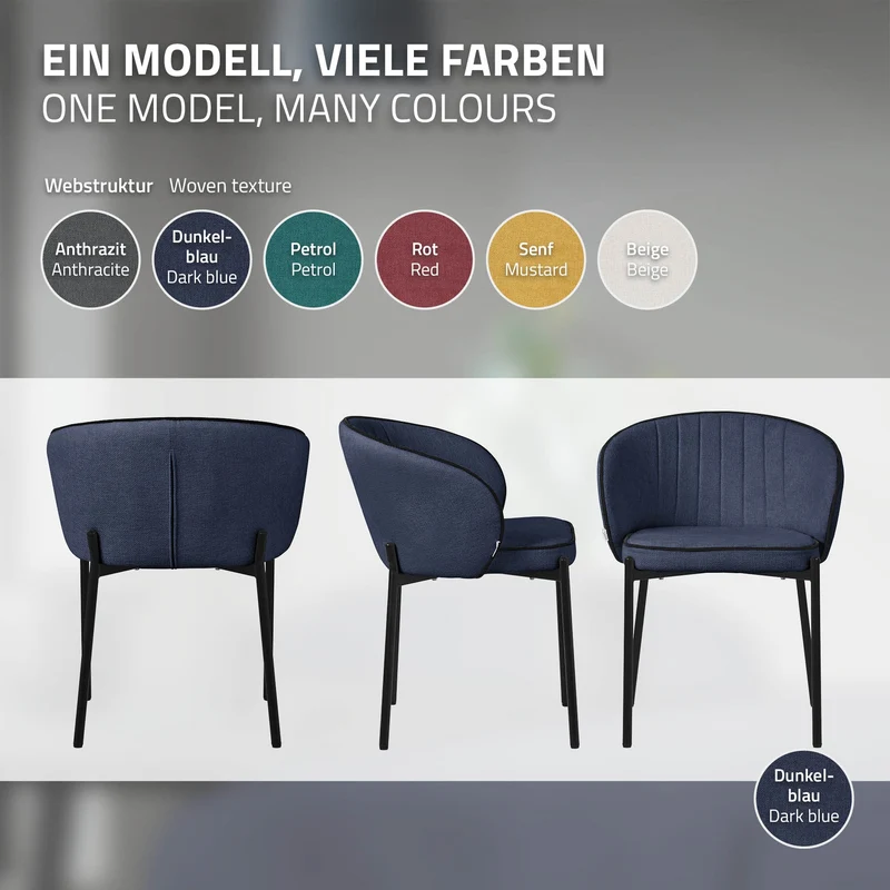 2er Set Esszimmerstühle mit Rücken- & Armlehne Dunkelblau mit Metallbeinen bis 120 kg ML-Design