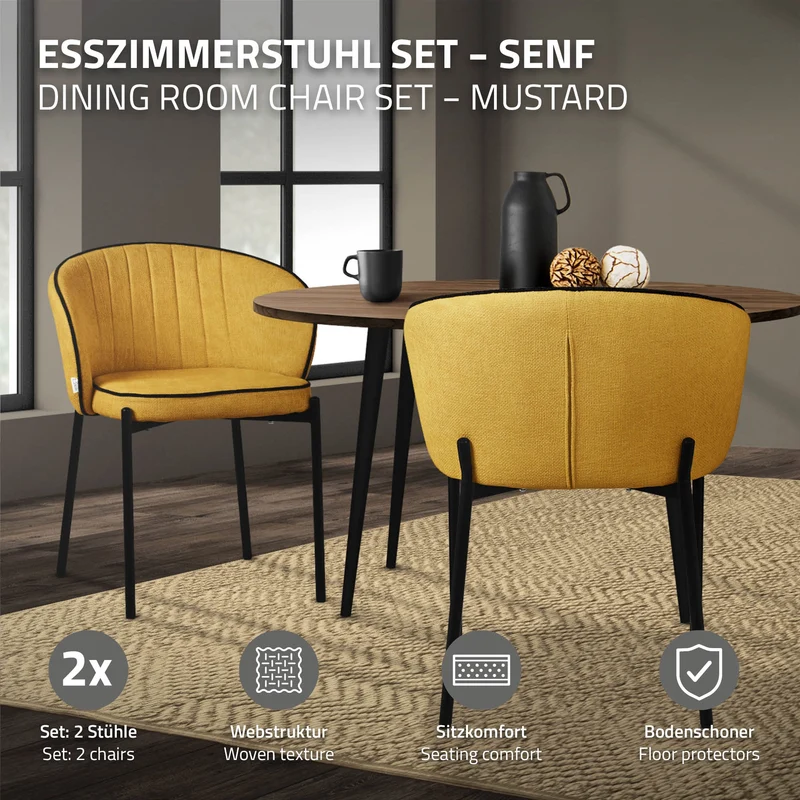 2er Set Esszimmerstühle mit Rücken- & Armlehne Senf mit Metallbeinen bis 120 kg ML-Design