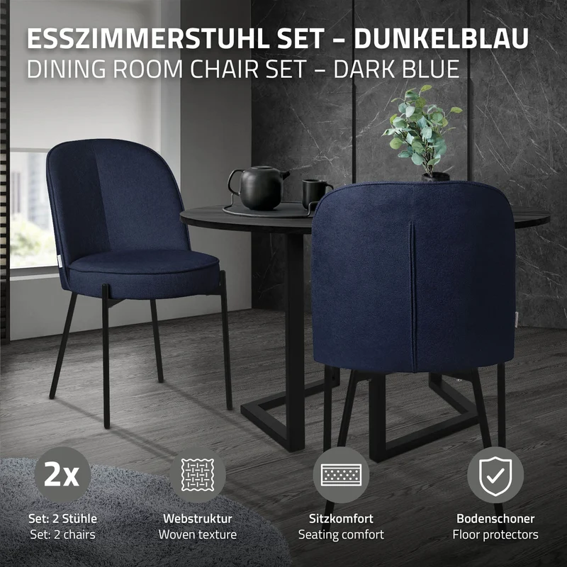 Esszimmerstühle 2er Set Dunkelblau mit Rückenlehne, Polsterstühle für Esszimmer & Küche ML-Design