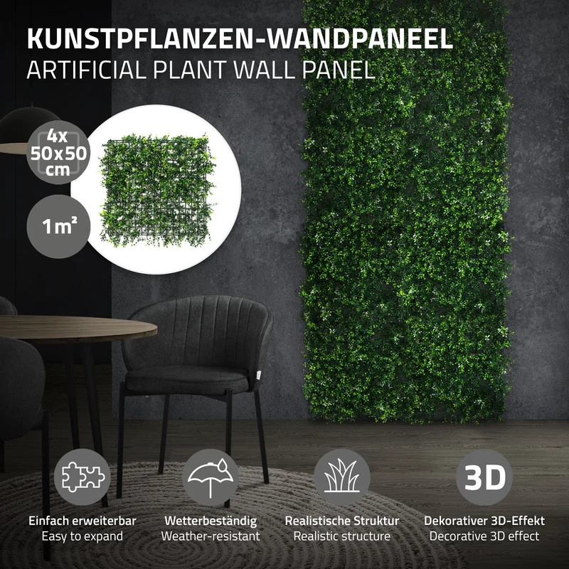 ECD Germany | Künstliche Pflanzenwand Pachysandra 4er Set 50x50 cm Grün Kunstpflanzen Wandpaneele Indoor Outdoor Blumenwand Sichtschutz Wandpflanzen