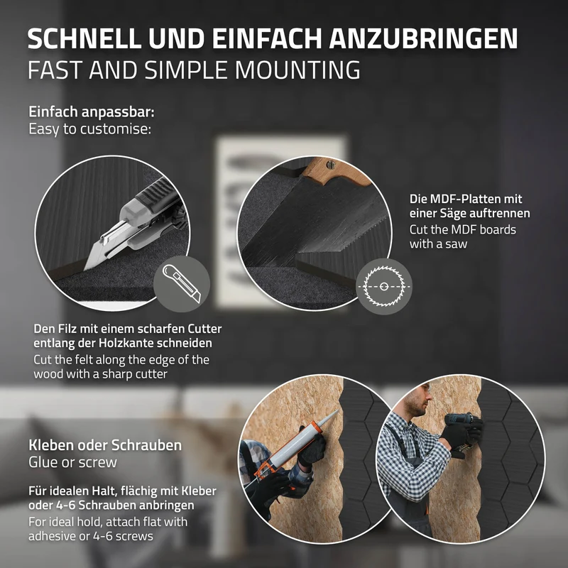 2er Set Akustikpaneele für 1m² Schwarz Wandpaneele Hexagon Schallabsorber Schalldämmung ML-Design