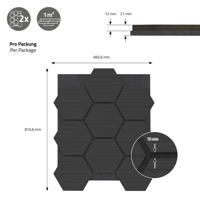 2er Set Akustikpaneele für 1m² Schwarz Wandpaneele Hexagon Schallabsorber Schalldämmung ML-Design