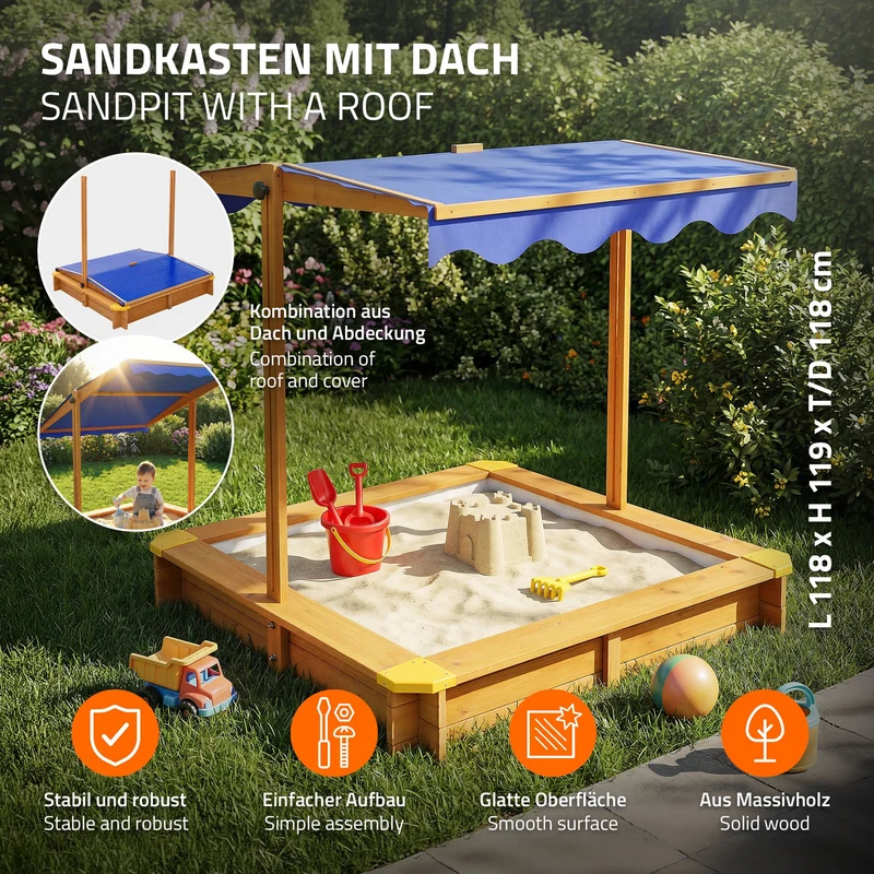 Sandkasten mit Dach 118x118 cm, aus Massivholz, Sandbox für Kinder mit Abdeckung, Bodenvlies & Kantenschutz, UV 50 Sonnenschutz ML-Design
