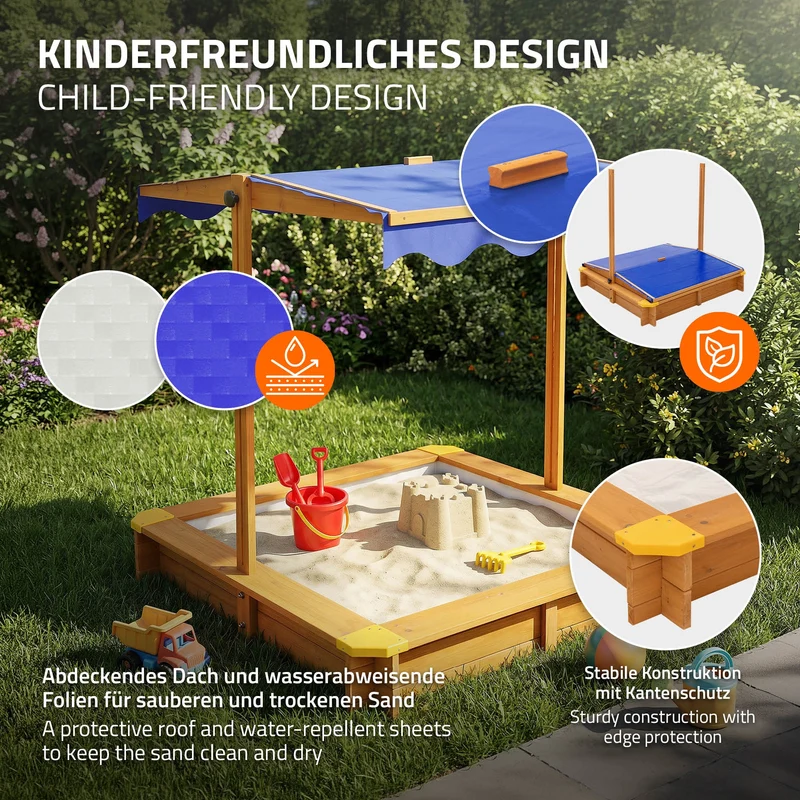 Sandkasten mit Dach 118x118 cm, aus Massivholz, Sandbox für Kinder mit Abdeckung, Bodenvlies & Kantenschutz, UV 50 Sonnenschutz ML-Design