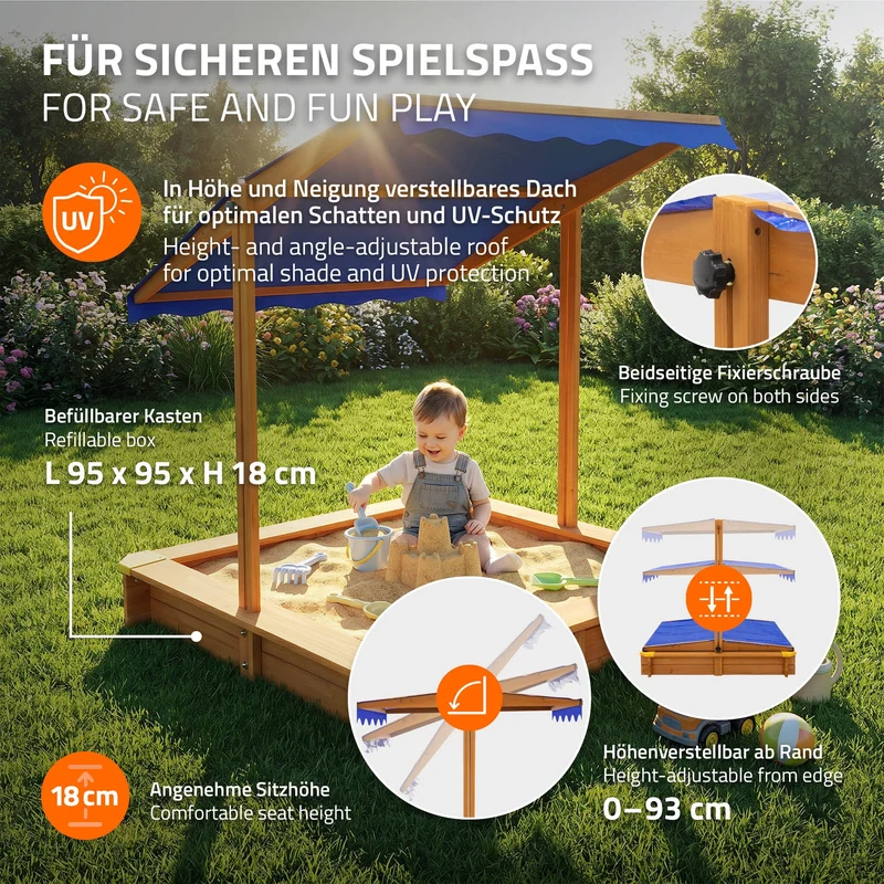 Sandkasten mit Dach 118x118 cm, aus Massivholz, Sandbox für Kinder mit Abdeckung, Bodenvlies & Kantenschutz, UV 50 Sonnenschutz ML-Design