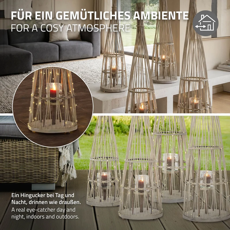 Bambus Laterne, Windlicht H: 110 cm Holzfarbe, Boho Gartenlaterne mit LED-Lichterkette & Glaseinsatz, Flechtoptik Kerzenhalter