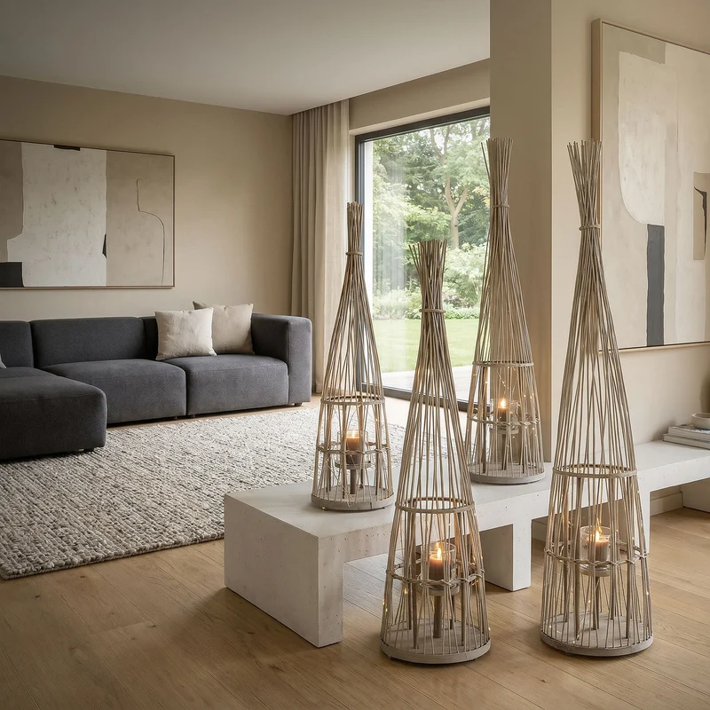 Bambus Laterne, Windlicht H: 110 cm Holzfarbe, Boho Gartenlaterne mit LED-Lichterkette & Glaseinsatz, Flechtoptik Kerzenhalter