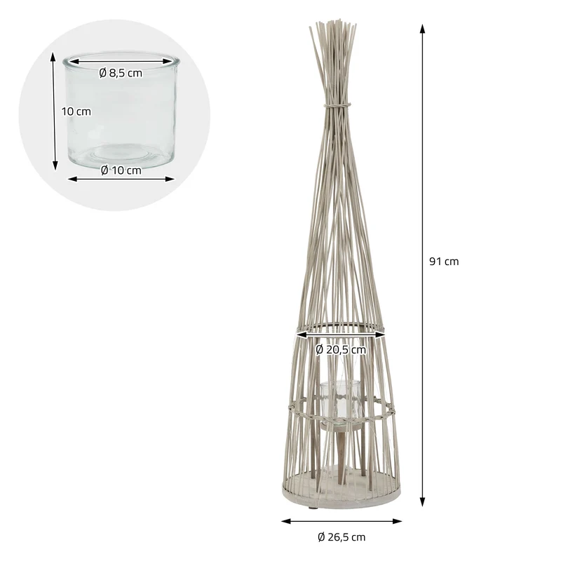 Bambus Laterne, Windlicht H: 91 cm Holzfarbe, Boho Gartenlaterne mit LED-Lichterkette & Glaseinsatz, Flechtoptik Kerzenhalter