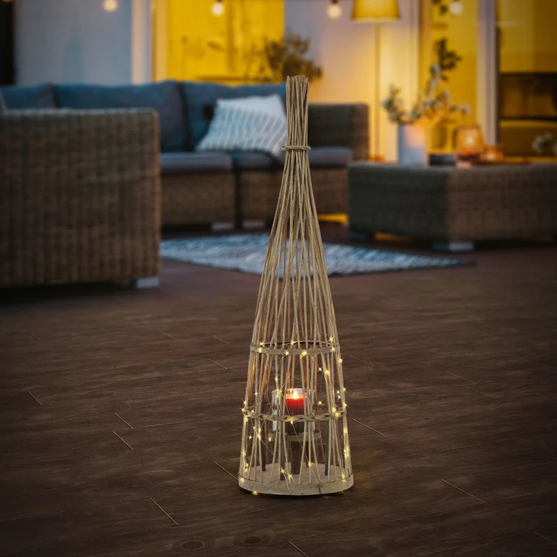 Bambus Laterne, Windlicht H: 91 cm Holzfarbe, Boho Gartenlaterne mit LED-Lichterkette & Glaseinsatz, Flechtoptik Kerzenhalter