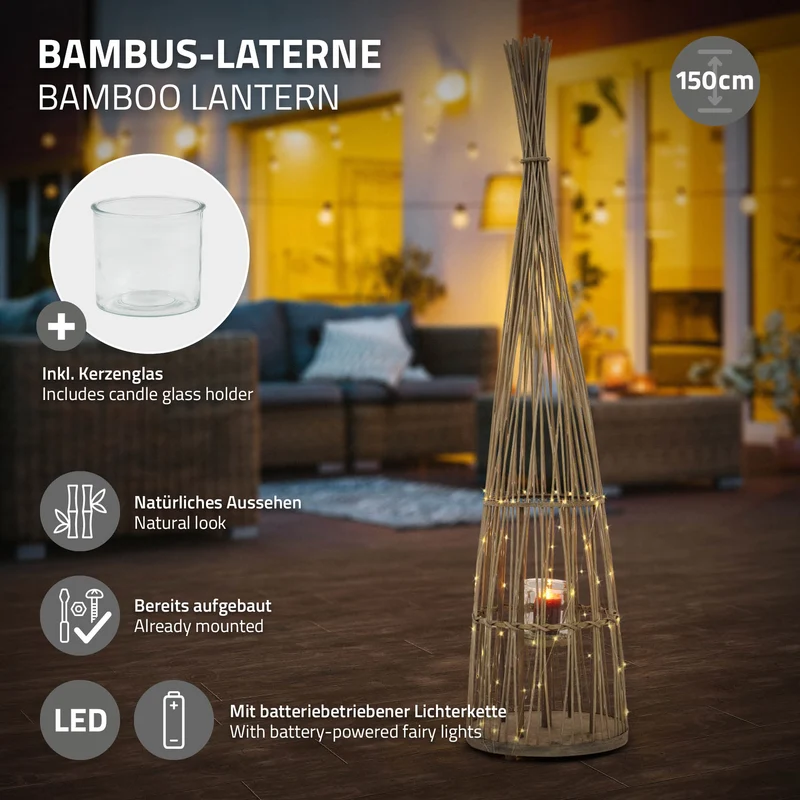 Bambus Laterne, Windlicht H: 150 cm Holzfarbe, Boho Gartenlaterne mit LED-Lichterkette & Glaseinsatz, Flechtoptik Kerzenhalter