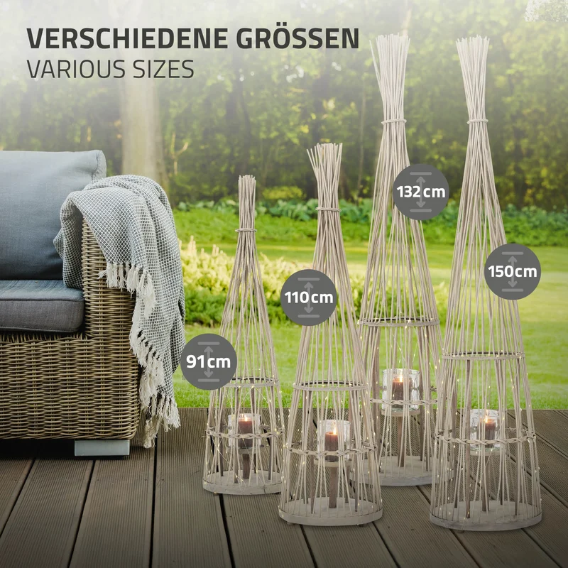 Bambus Laterne, Windlicht H: 150 cm Holzfarbe, Boho Gartenlaterne mit LED-Lichterkette & Glaseinsatz, Flechtoptik Kerzenhalter