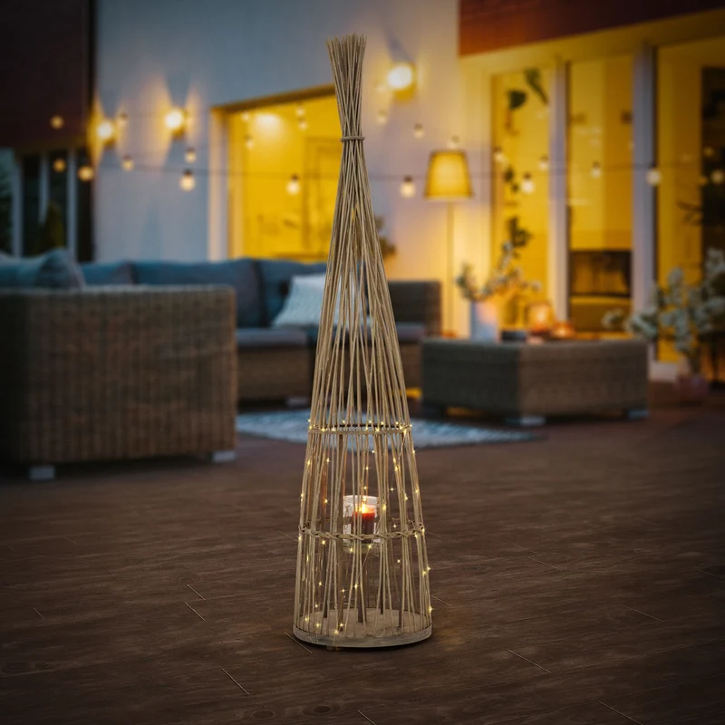 Bambus Laterne, Windlicht H: 150 cm Holzfarbe, Boho Gartenlaterne mit LED-Lichterkette & Glaseinsatz, Flechtoptik Kerzenhalter