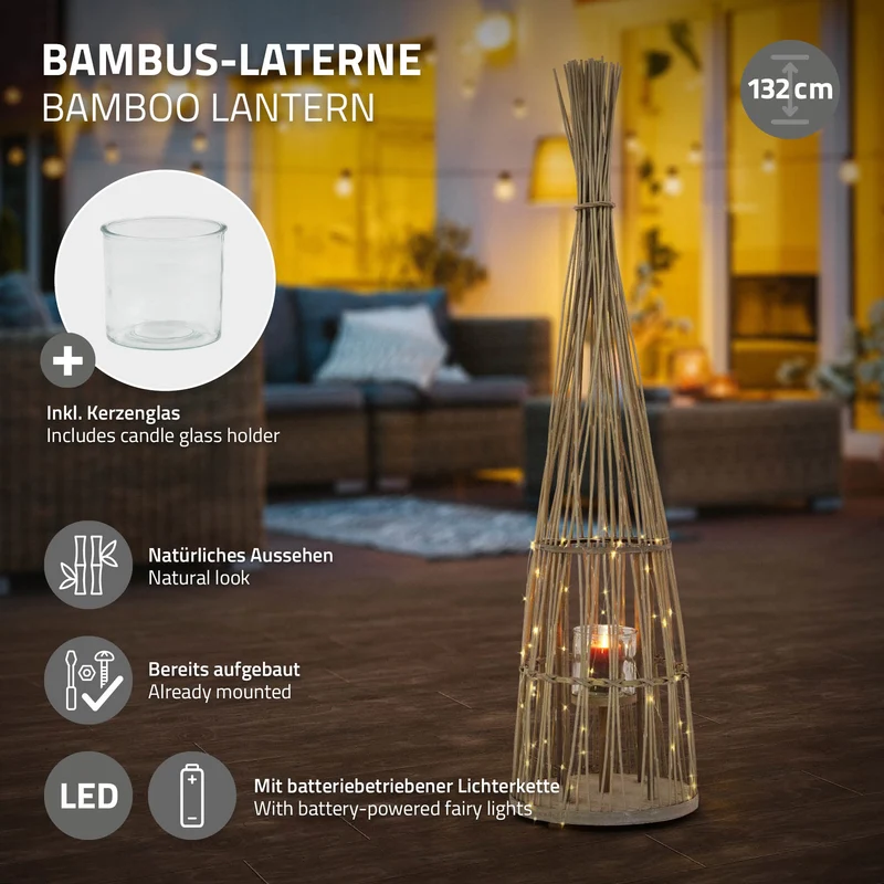 Bambus Laterne, Windlicht H: 132 cm Holzfarbe, Boho Gartenlaterne mit LED-Lichterkette & Glaseinsatz, Flechtoptik Kerzenhalter