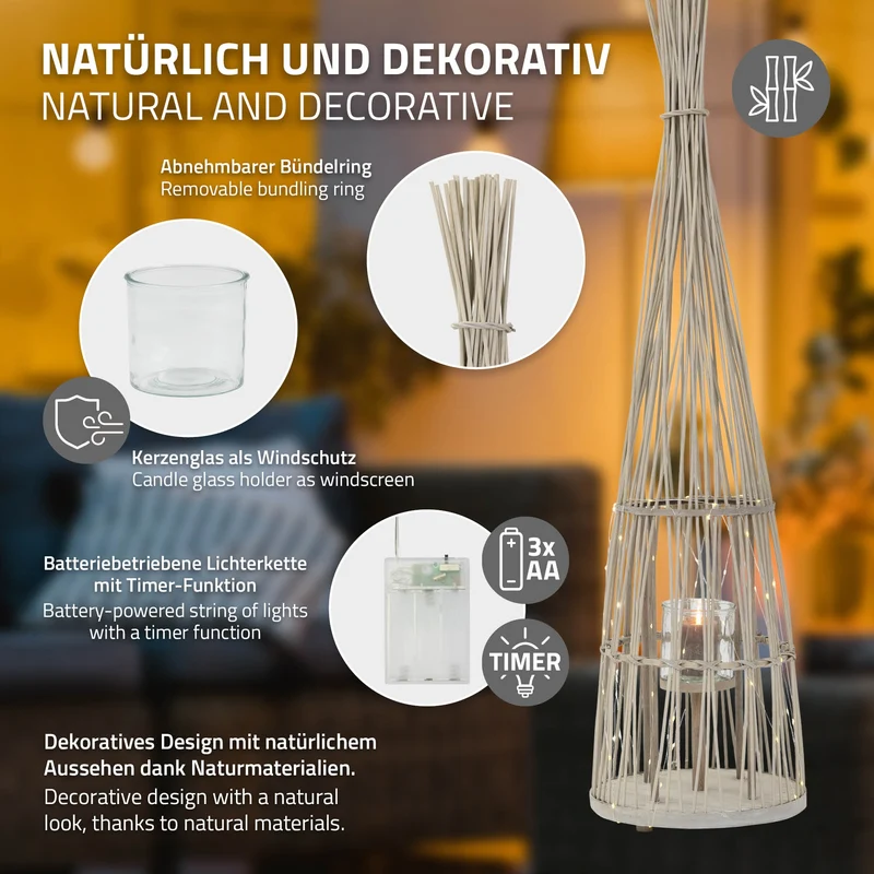 Bambus Laterne, Windlicht H: 132 cm Holzfarbe, Boho Gartenlaterne mit LED-Lichterkette & Glaseinsatz, Flechtoptik Kerzenhalter