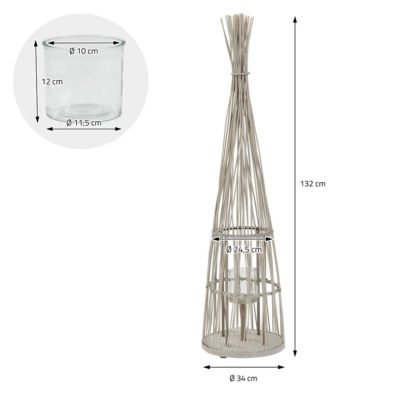 Bambus Laterne, Windlicht H: 132 cm Holzfarbe, Boho Gartenlaterne mit LED-Lichterkette & Glaseinsatz, Flechtoptik Kerzenhalter