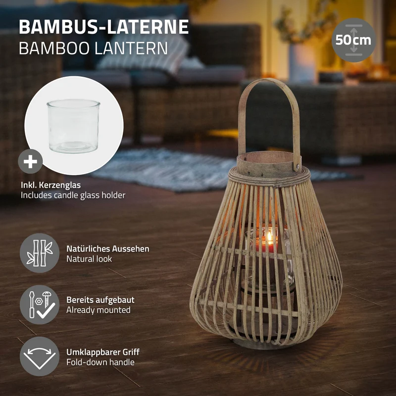 Bambus Laterne, Windlicht H: 50 cm Holzfarbe, Boho Gartenlaterne mit Henkel & Glaseinsatz, Flechtoptik Kerzenhalter